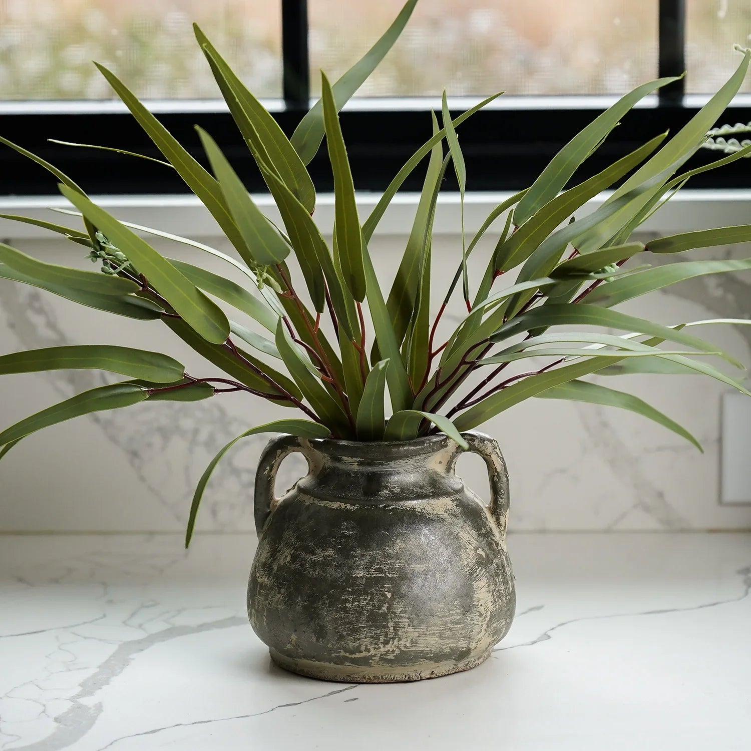 Antiqued Distressed Small Olive Cement Vase with Handles