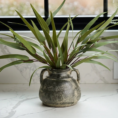 Antiqued Distressed Small Olive Cement Vase with Handles