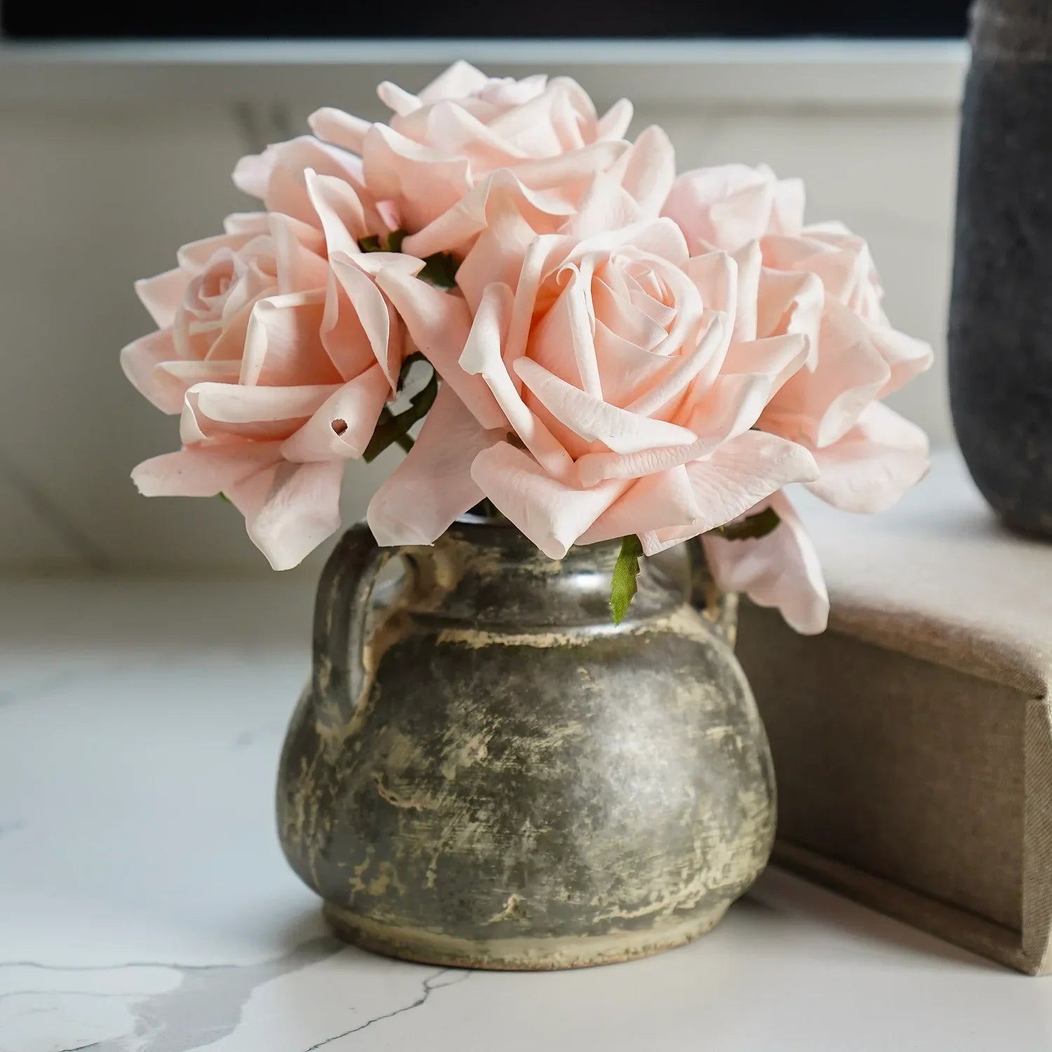 Antiqued Distressed Small Olive Cement Vase with Handles