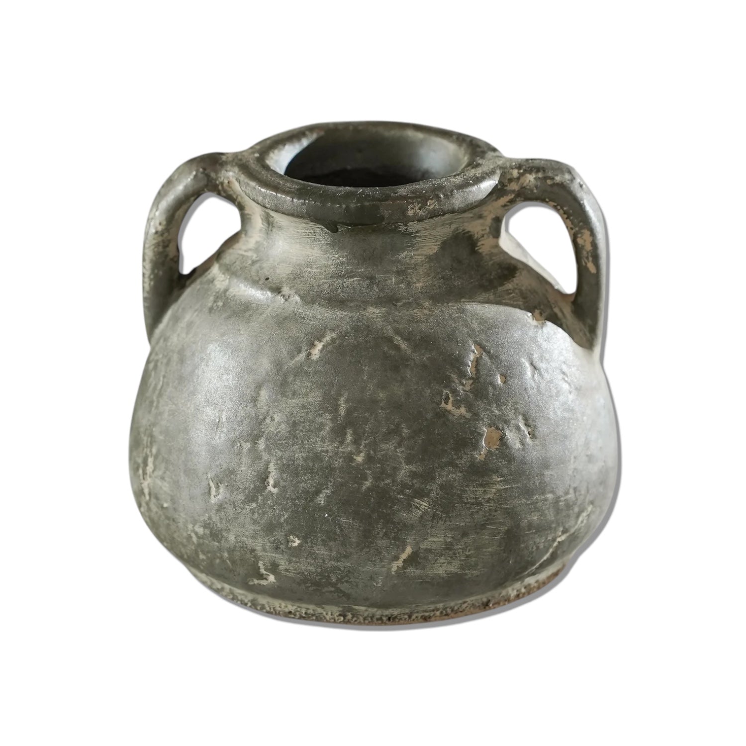 Antiqued Distressed Small Olive Cement Vase with Handles